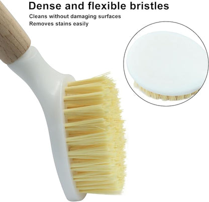 3 Pcs Kitchen Dish Brush with Bamboo Handle, Dish Scrubber Brush Built-in Scraper, Pot Scrubbers for Cleaning, Dishwashing, Dishes, Pans, Kitchen Sink and Counter