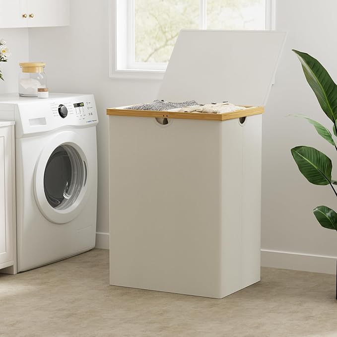 WOWLIVE 165L Double Laundry Hamper with Lid Bamboo Laundry Basket 2 Section,Large Dirty Clothes Hamper with Removable Bags, Laundry Bin Organizer Storage for Dorm,Bedroom,Bathroom,Beige