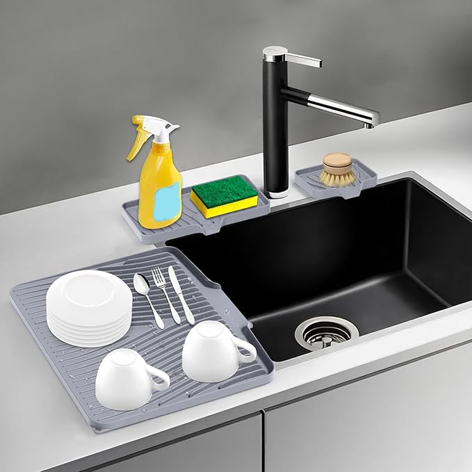 Silicone Dish Drying Mat for Kitchen Counter, Dish Drying Pad, Non-Slip Drain Pad with Built-in Drain, Heat Resistant Stone Drying Mat,Grey, 1Set