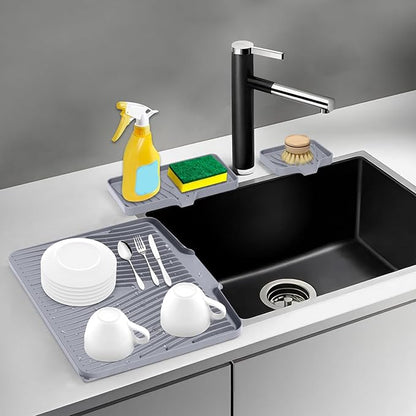 Silicone Dish Drying Mat for Kitchen Counter, Dish Drying Pad, Non-Slip Drain Pad with Built-in Drain, Heat Resistant Stone Drying Mat,Grey, 1Set