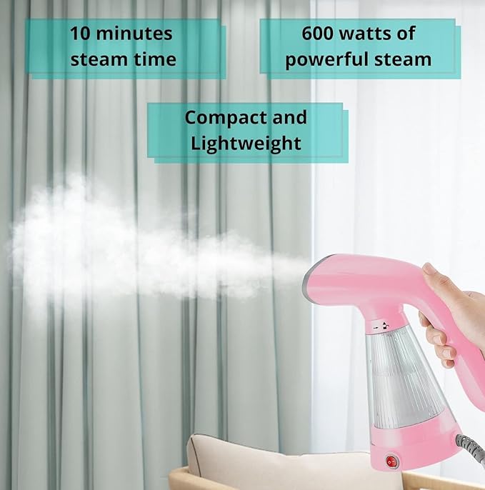 True & Tidy TidySteam Handheld Garment Steamer with Stainless Steel Steam Plate, 600 watts (Handheld Steamer, Pink)