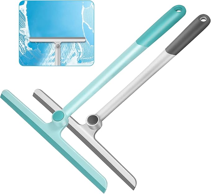 WONDAY Shower Squeegee for Glass Doors, 12" Long Handle Window Squeegee Cleaning Tool, Streak-Free Silicone Blade for Bathroom Mirror, High Windows, Car Windshield (2 Pack,Grey+Green)