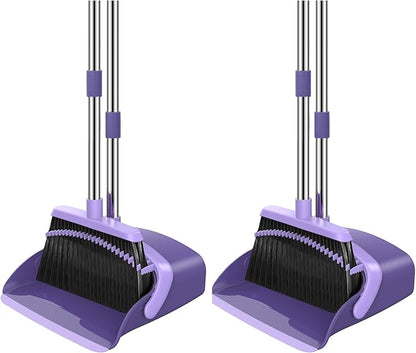 NACENA Broom and Dustpan Set, 52-in Long Adjustable Handle Broom Dustpan Combo with Dust pan Teeth to Automatically Clean Hair Suitable for Home Kitchen Office Hall Floor (Purple), 2 Pack