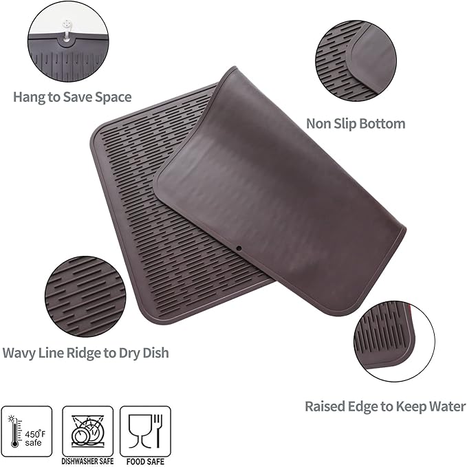 MicoYang Silicone Dish Drying Mat for Multiple Usage,Easy clean,Eco-friendly,Heat-resistant Silicone Mat for Kitchen Counter or Sink,Refrigerator or Drawer Liner Coffee 4XL 32 inches x 18 inches