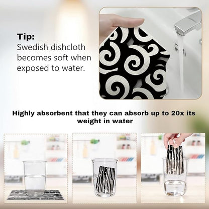 6 Pack Swedish Dishcloths Reusable, Absorbent, Quick-Drying Sponge Cloths for Kitchen and Counter Cleaning, Reusable Dish Towels and Dish Cloths, Black & White
