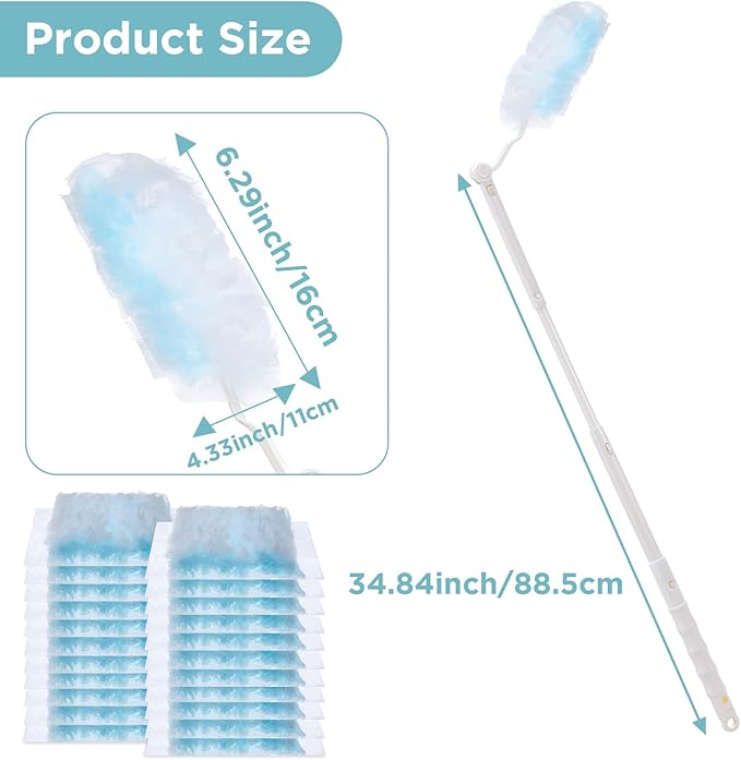 60 Count Duster Refills, 360° Heavy Duty Dusters Kit Disposable Microfibre Dusters with Extendable Handle Multi Surface Duster for Cleaning Furniture Blind Ceiling Fan Home