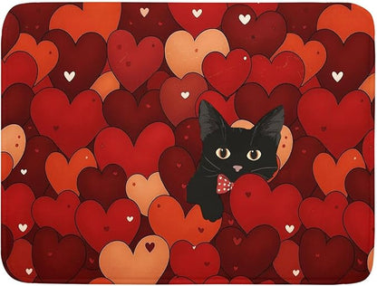 Valentine's Day Dish Drying Mat 18 x 24 Inch With Absorbent Reversible Microfiber Black Cat Red Heart Drying Anniversary Wedding Dish Drainer Mat Fast Dry For Kitchen Dining Room Decor