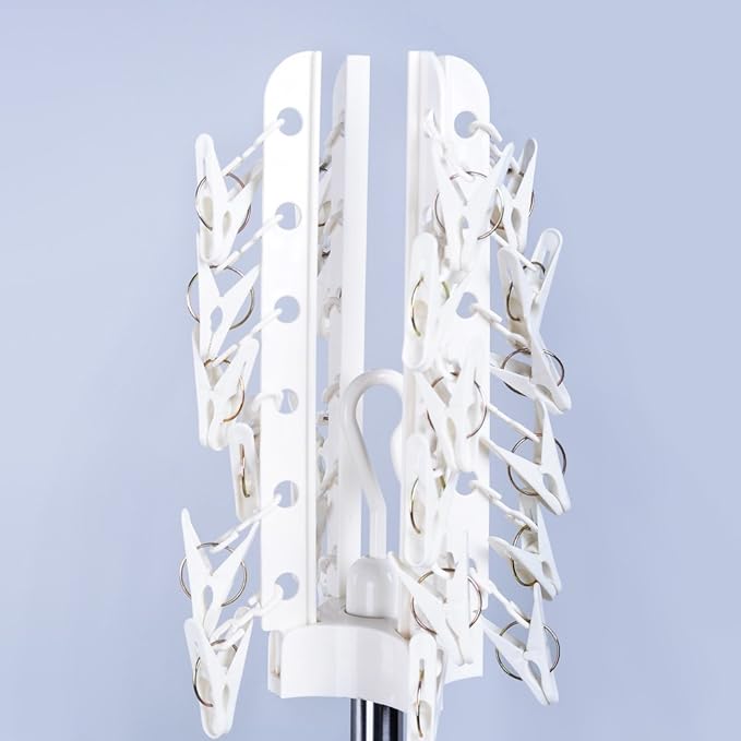 BAOYOUNI Foldable Clothes Drying Rack 2-Tier Indoor Outdoor Space Saving Stand Hanger with 24 Clips and 16 Towels Bars for Baby Clothes, Cloth Diapers, Socks, Bras, Towels, Underwear (Ivory)