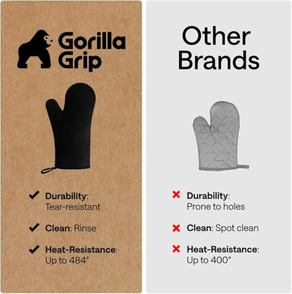 GORILLA GRIP BPA-Free Soft Silicone Oven Mitts, 14.5x8.3, Heat Resistant and Waterproof Cooking Gloves, Thick Cotton Lining, Flexible Gripping for Baking Grilling, Kitchen Potholders Set of 2, Black
