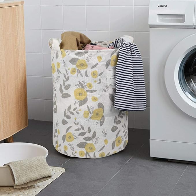 UUJOLY Collapsible Laundry Basket, Laundry Hamper with Handles Waterproof Round Cotton Linen Laundry Hamper Printing Household Organizer Basket, 19.7x15.7 inches, Yellow