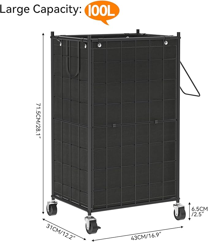 WOWLIVE Laundry Hamper with Wheels,Metal Wire Frame Rolling Laundry Basket with Removable bag,100L Dirty Clothes Hamper Organizer Dorm Room Storage for Bedroom,Bathroom,Black