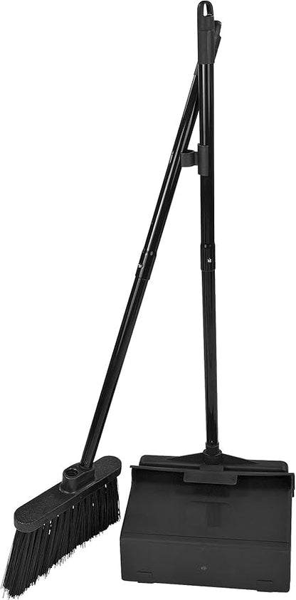 Carlisle FoodService Products Duo-Pan Lobby Broom and Dustpan Set – 36" Upright Broom with 2-Piece Handle and Pivoting Pan – Compact Commercial Floor Tool for Tight Spaces, Black