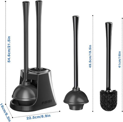 LOVLOY Toilet Plunger and Brush with Holder, Bowl Brush and Heavy Duty Toilet Plunger Set with Ventilated Holder, 2-in-1 Toilet Brush and Plunger Combo for 5.3-inch Toilet Drain New Pack (Black, 1)