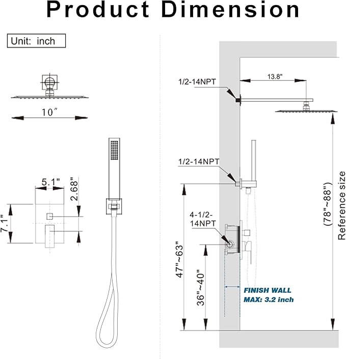Brushed Nickel Shower System, Shower Faucet Set with 10-Inch Rain Showerhead and Handheld Spray, Wall Mounted High-Pressure Showerhead Combo Set Included Valve and Trim, Brushed Nickel