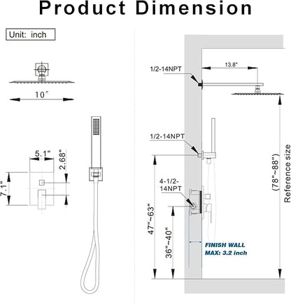 Gold Shower System, Shower Faucet Set with 10-Inch Rain Showerhead and Handheld Spray, Wall Mounted High-Pressure Showerhead Combo Set Included Valve and Trim, Brushed Gold