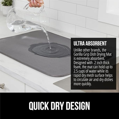 GORILLA GRIP Ultra Water Absorbent Microfiber Dish Drying Mat, Quick Dry Thick Mesh, Slip Resistant Pad for Sink Dishes or Under Rack, Kitchen Counter Accessories, 16x18, Machine Wash Mats, Gray