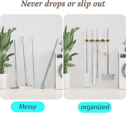 Mop and Broom Holder Wall Mount - Bamboo Broom Mop Hanger - Wall Mounted Garden Tool Rack Organizer for Closet Garage Laundry Room Kitchen Decor With 5 Slots & 4 Hooks (Bamboo)