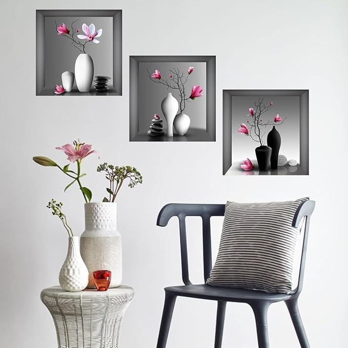 3D Wall Stickers DIY Flower Wall Decal Removable Waterproof Wall Art Decor for Bedroom Living Room Offices Home Decoration (Vase Orchid)