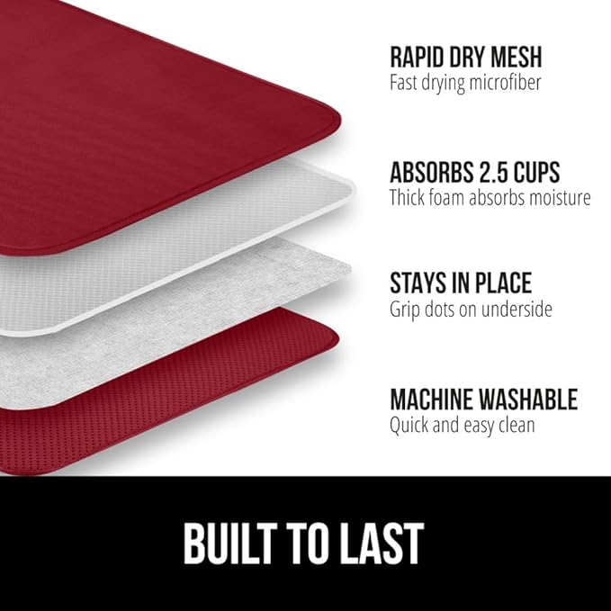 GORILLA GRIP Ultra Water Absorbent Microfiber Dish Drying Mat, 18x32, Quick Dry Thick Mesh, Slip Resistant Pad for Sink Dishes or Under Rack, Kitchen Counter Accessories, Machine Wash Mats, Red