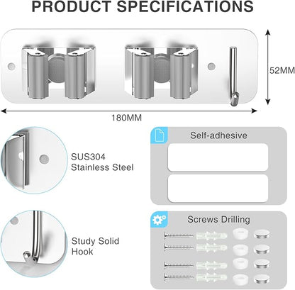 homeasy Wall Mount Mop and Broom Holder, Heavy Duty Stainless Steel Organizer Rack with Hooks | 2-Pack, 2-in-1 No Drill & Screw Installation, Silver