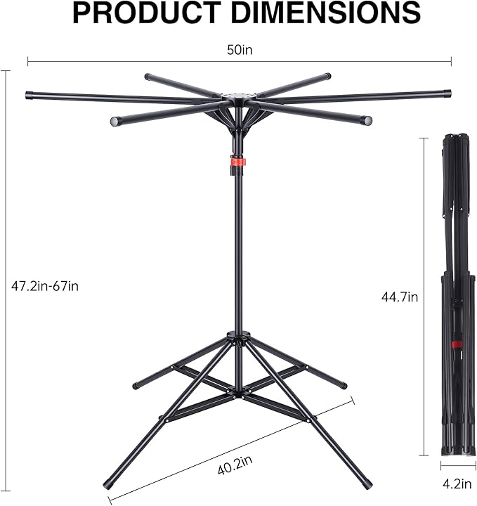 4-Leg Clothes Drying Rack with 6 Adjustable Poles, 20 Windproof Hooks and 2 Sock Clips Foldable Laundry Drying Rack, Space-Saving Indoor/Outdoor Clothes No-Installation Drying Stand, Black