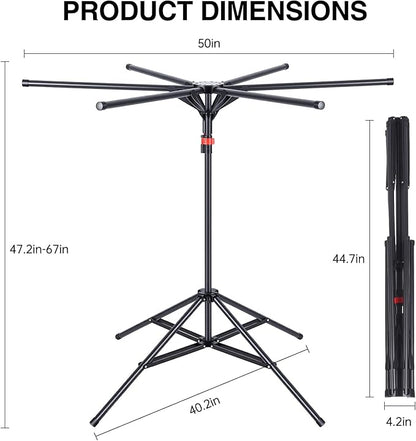 4-Leg Clothes Drying Rack with 6 Adjustable Poles, 20 Windproof Hooks and 2 Sock Clips Foldable Laundry Drying Rack, Space-Saving Indoor/Outdoor Clothes No-Installation Drying Stand, Black