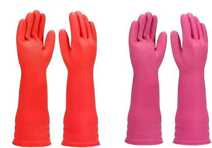 Latex Rubber Cleaning Gloves | Long Sleeve Waterproof Dishwashing, Kitchen, Bathroom, and Garden Gloves | 2 Pair Set (Pink & Red) for Hand Care and Protection