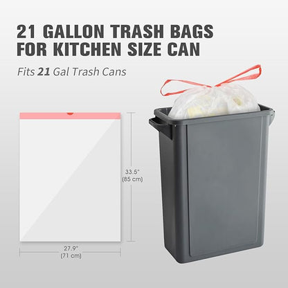 21 Gallon Kitchen Trash Bags with Drawstring Fit 20-21 Gal, Large Garbage Bags - 28" x 33.5" (Clear White), Heavy Duty Plastic Trash Liners for Kitchen Lawn Yard Office Commercial (105 Count)
