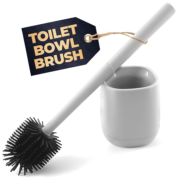 Toilet Brush and Holder Set - Silicone Toilet Bowl Brush with White Holder Base, Compact Bath Accessory for Small Spaces - Easy to Place and Simple to Store After Use, Plastic Bathroom Cleaning Tool