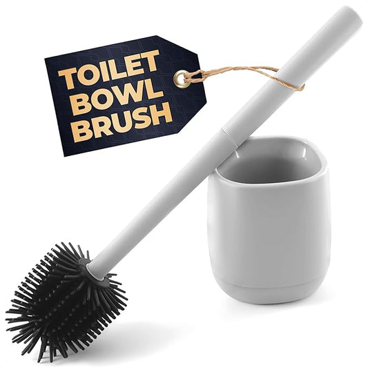 Toilet Brush and Holder Set - Silicone Toilet Bowl Brush with White Holder Base, Compact Bath Accessory for Small Spaces - Easy to Place and Simple to Store After Use, Plastic Bathroom Cleaning Tool