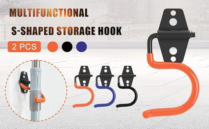 2PCS Garage Hook Heavy Duty Steel Garage Storage Hook, Heavy Duty Hook，Utility Hook and Broom and Mop Holder Wall Mount for Organizing Cleaning Tools, Mops, Garden Tools (S-Type) (Black)