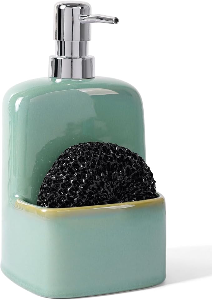 BosilunLife Dish Soap Dispenser - Sage Green Ceramic Kitchen Soap Dispenser with Sponge Holder Matte Ceramic Soap Daddy Dispenser 20oz for Kitchen Soap Pump and Sponges Caddy