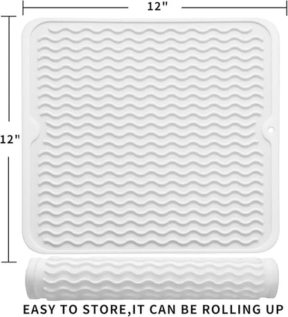 MicoYang Silicone Dish Drying Mat for Multiple Usage,Easy clean,Eco-friendly,Heat-resistant Silicone Mat for Kitchen Counter or Sink,Refrigerator or Drawer liner White M 12 inches x 12 inches