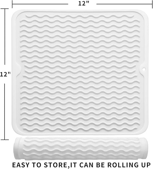 MicoYang Silicone Dish Drying Mat for Multiple Usage,Easy clean,Eco-friendly,Heat-resistant Silicone Mat for Kitchen Counter or Sink,Refrigerator or Drawer liner White M 12 inches x 12 inches