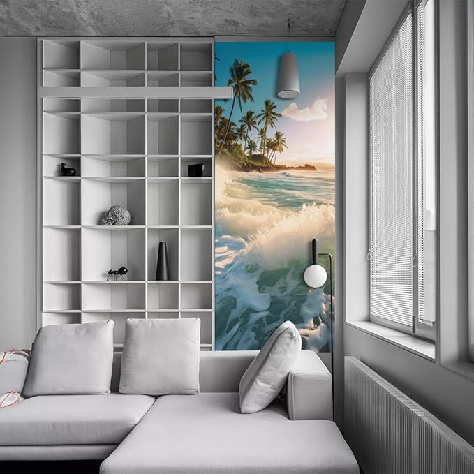 REDAMANCY Sea Wave Beach Shore Tree Peel and Stick Door Stickers Vinyl 3D Door Mural Decals Decor Wallpaper Self-Adhesive, Waterproof, Removable
