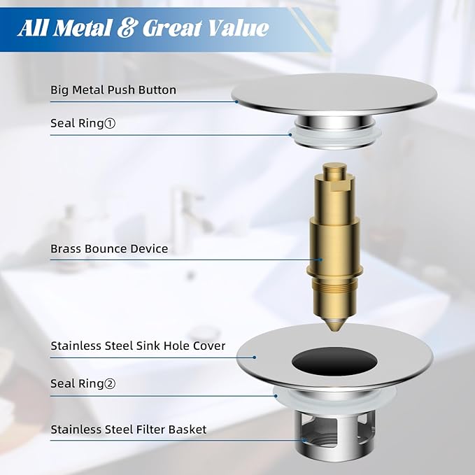 Hibbent 2 Pack All Metal Upgraded Bathroom Sink Stopper, Universal Pop Up Sink Drain Strainer, Brass Bullet Core Push Type Sink Stopper for 1.1''~2.3''' Basin, Anti Clogging Drain Filter, Chrome