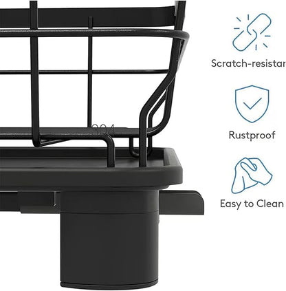 Small 2 Tier Dish Drying Rack, Space Saving Dish Racks for Kitchen Counter, Kitchen Organizer Dish Drainer with Cutlery Holder for Spoons and Forks, 11''W x 15''L, Black