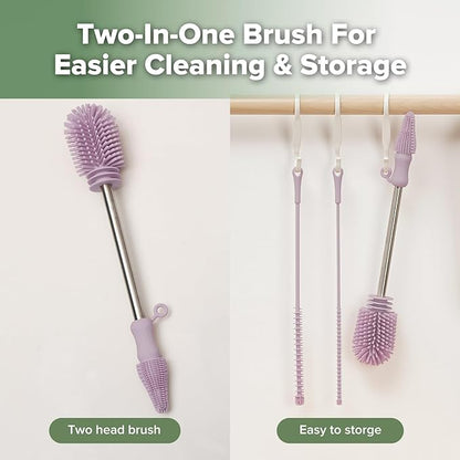 haakaa Silicone Cleaning Brush Kit - Baby Bottle Brush Cleaner for Breast Pump,Nipple,Breast Milk Storage Bag,Reusable Straw,Sippy Cup - Food Grade Silicone Bristles, Portable - 3 Pcs - Lavender