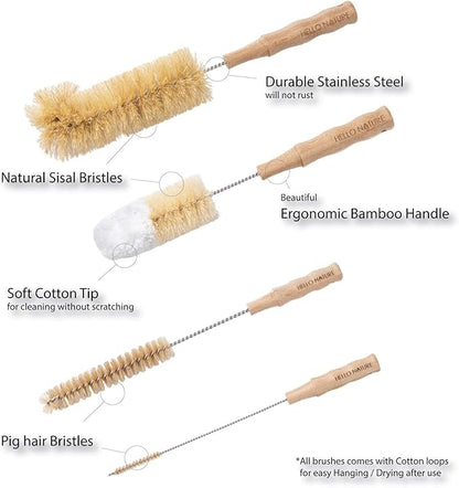 4 Pcs Bamboo Bottle Brush Set by HELLO NATURE – Long Handle Cleaning Brushes for Water Bottles, Baby Bottles & Glassware, Sustainable & Plastic-Free