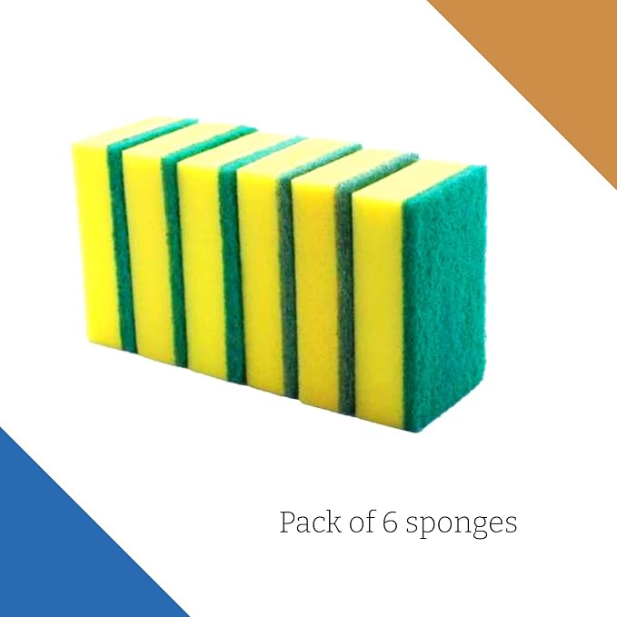 Large Heavy Duty Scrub Sponge - Dual Sided Dish Washing & Cleaning Scourer - Absorbent, Non-Scratch, Reusable - Pack of 6