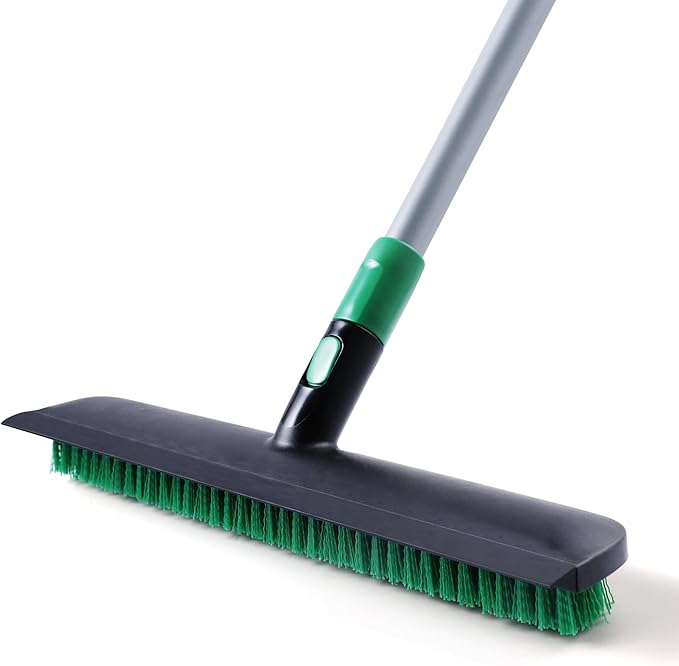 Eyliden Floor Scrub Brush for Stubborn Grime & Deep Cleaning | 15" Wide Head with Rubber Squeegee, Adjustable Long Handle, 2in1 Stiff Bristle Floor Scrubber for Kitchen, Shower, Deck, Patio, Garage