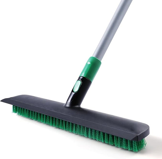 Eyliden Floor Scrub Brush for Stubborn Grime & Deep Cleaning | 15" Wide Head with Rubber Squeegee, Adjustable Long Handle, 2in1 Stiff Bristle Floor Scrubber for Kitchen, Shower, Deck, Patio, Garage