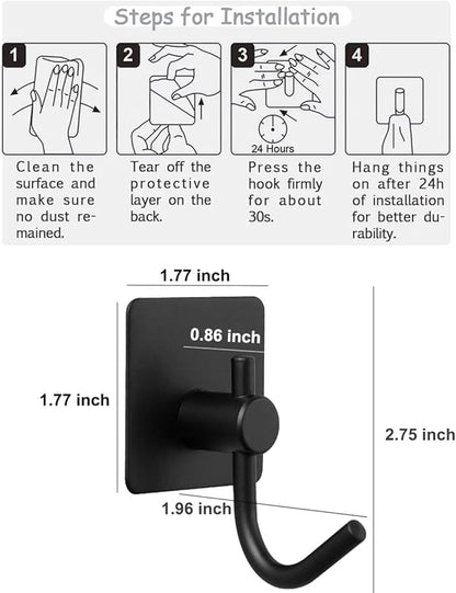 Sticky Hooks for Hanging, 6-Pack Adhesive Wall Hooks No Drilling Stainless Steel Towel Hook for Walls No Damage, Self Adhesive Hook for Bathroom Kitchen Office, Black