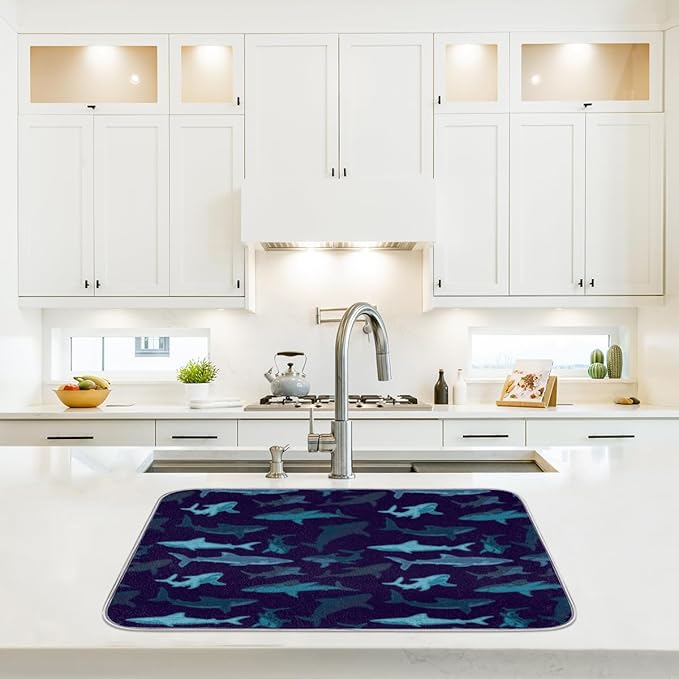 Honeybaby Dish Drying Mat Navy Ocean Shark Dish Drying Mats for Kitchen Counter Absorbent Kitchen Drying Mat Dish Rack Mat 18x24 inches