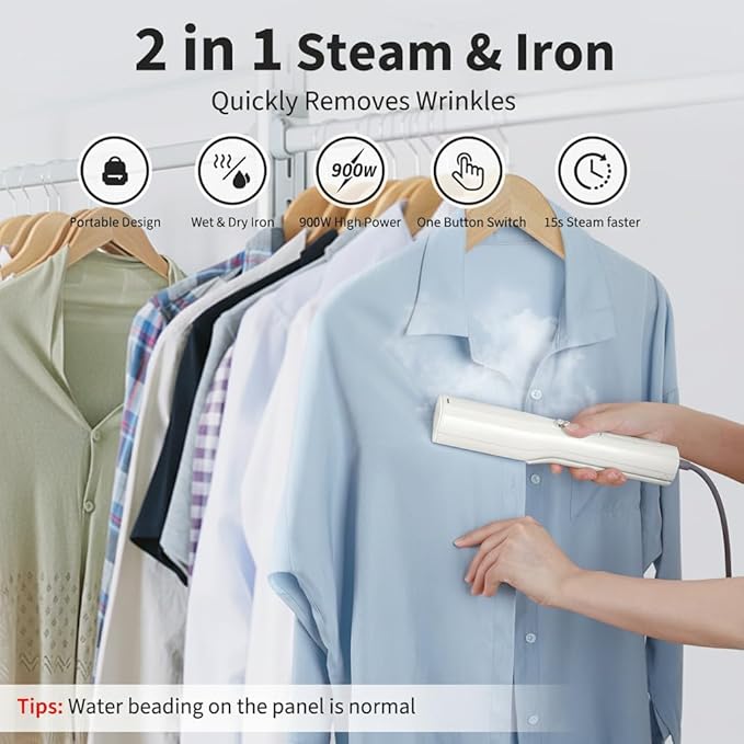 Handheld Garment Steamer & Iron - 3-in-1 Mini Clothes Steamer & Clip Iron, Wet & Dry Ironing, 15s Fast Heat, 900W Powerful Steam, Compact Steamer for Home, Office & Travel, with Travel Bag (120V)