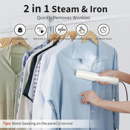 Handheld Garment Steamer & Iron - 3-in-1 Mini Clothes Steamer & Clip Iron, Wet & Dry Ironing, 15s Fast Heat, 900W Powerful Steam, Compact Steamer for Home, Office & Travel, with Travel Bag (120V)