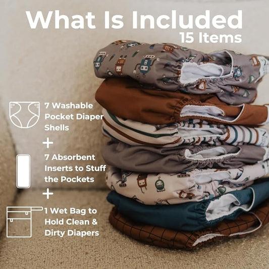 Nora's Nursery Cloth Diapers 7 Pack with 7 Inserts & 1 Wet Bag - Waterproof Cover, Washable, Reusable & One Size Adjustable Pocket Diapers for Newborns and Toddlers -Geared up