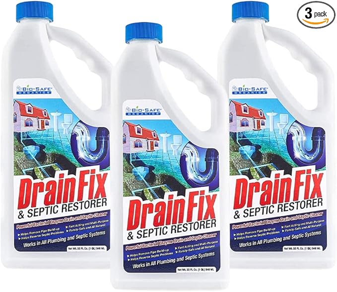 Drainfix & Septic Restorer 32 Oz Septic Tank Treatment | Drainfield Treatment | Septic Safe Drain Cleaner | Enzyme Drain Cleaner | Septic Cleaner | Exxon Valdez Patented - 3 Pack