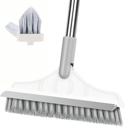2 in 1 Cleaning Scrub Brush Grout Brush Scrape Floor Scrub Brush with Long Handle V-Shape Stiff Bristle Brush Scrubber with Squeegee 120°Rotating Shower Scruber for Cleaning Bathroom Glass Wall