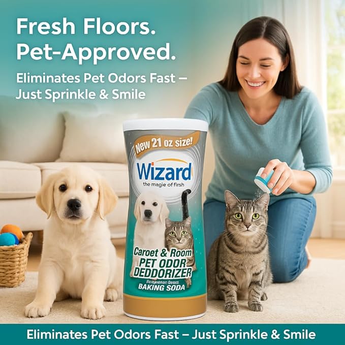 Wizard Carpet Deodorizer with Baking Soda, Pet Odor Eliminator Carpet Freshener Powder, Odor Absorber & Room Deodorizer, Carpeting Powder Fresh Scent – 3 Pack, 21 oz per Bottle (63 Ounces)